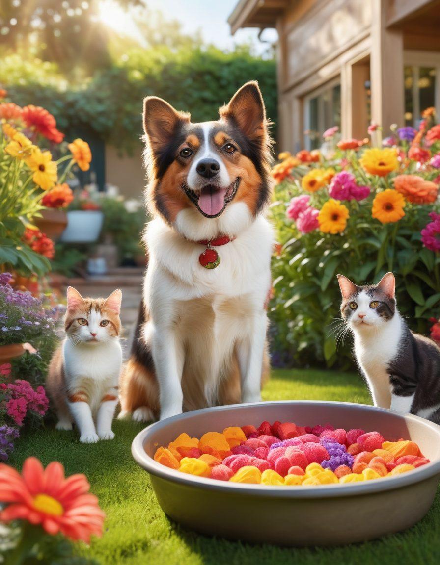 A joyful dog and cat playing together in a sunlit garden filled with vibrant flowers and healthy food bowls, symbolizing nutrition and rehabilitation. In the background, a cozy pet clinic with supportive staff caring for animals. Soft, warm colors to convey happiness and tranquility. super-realistic. vibrant colors.