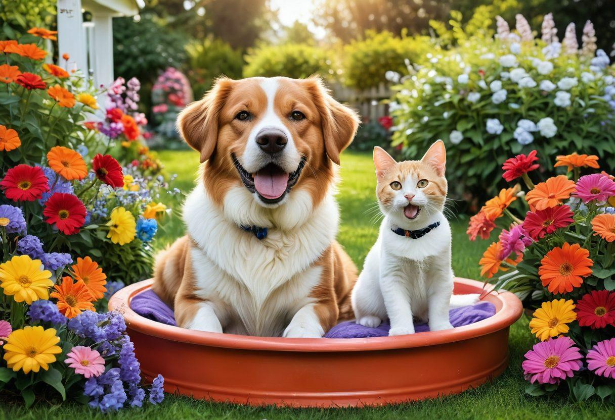 A vibrant scene depicting a joyful dog and cat playing together in a sunny garden filled with colorful flowers. Include elements of a cozy pet bed, a fresh bowl of water, and playful toys scattered around. The pets should have radiant expressions showcasing their happiness and health. The background should be bright and cheerful, symbolizing a loving home environment. super-realistic. vibrant colors.