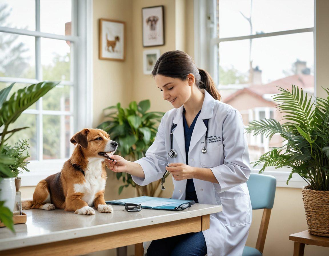 A warm, inviting scene showcasing a veterinarian tenderly examining a small dog, with a caring expression. Surrounding them are various healthy pet products, a sunny window with plants, and a cozy waiting area filled with cheerful pet owners and their furry friends. The atmosphere exudes compassion and love for pets, emphasizing wellness. soft-focus background, pastel colors, super-realistic.